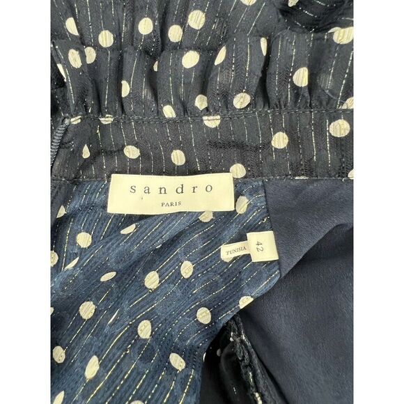 SANDRO Paris Blue Polka Dot Dress SIze 10 FR 42 Short Sleeve Sheer Lined Elegant - Picture 5 of 6